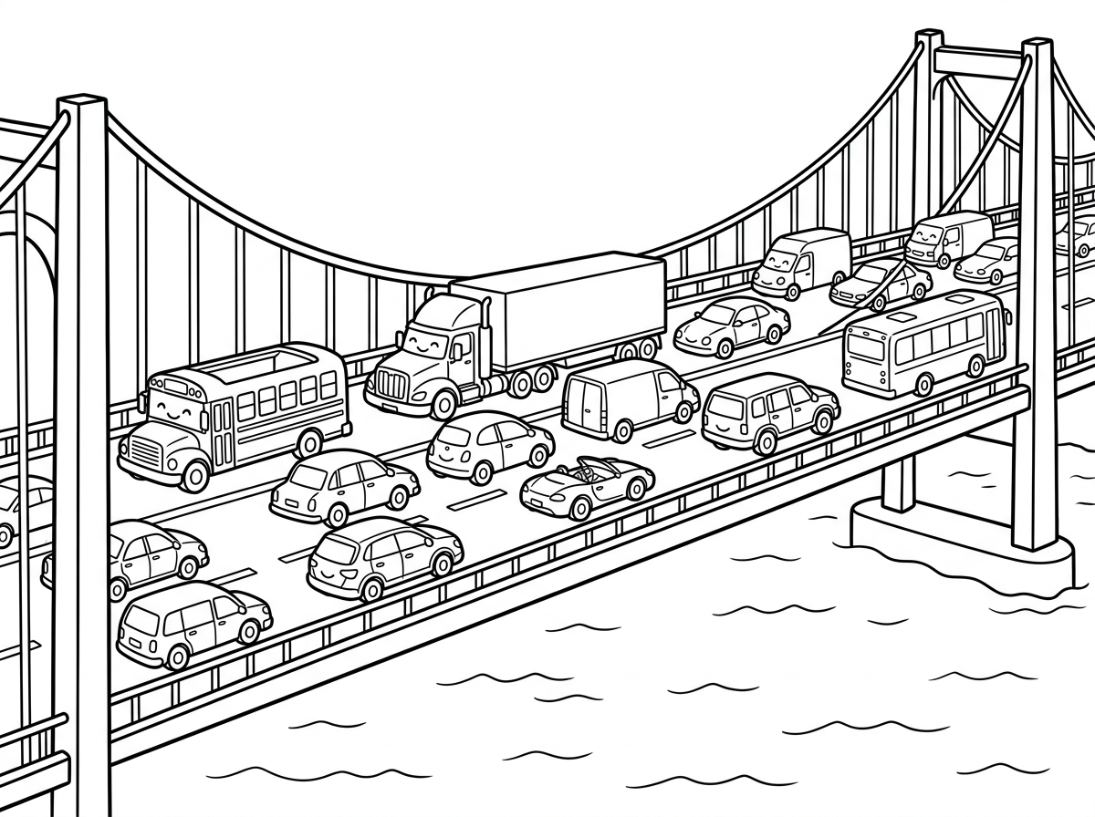 "תני לי תמונה של מלא מלא מלא רכבים. כל מיני חברות נוסעים על גשר."