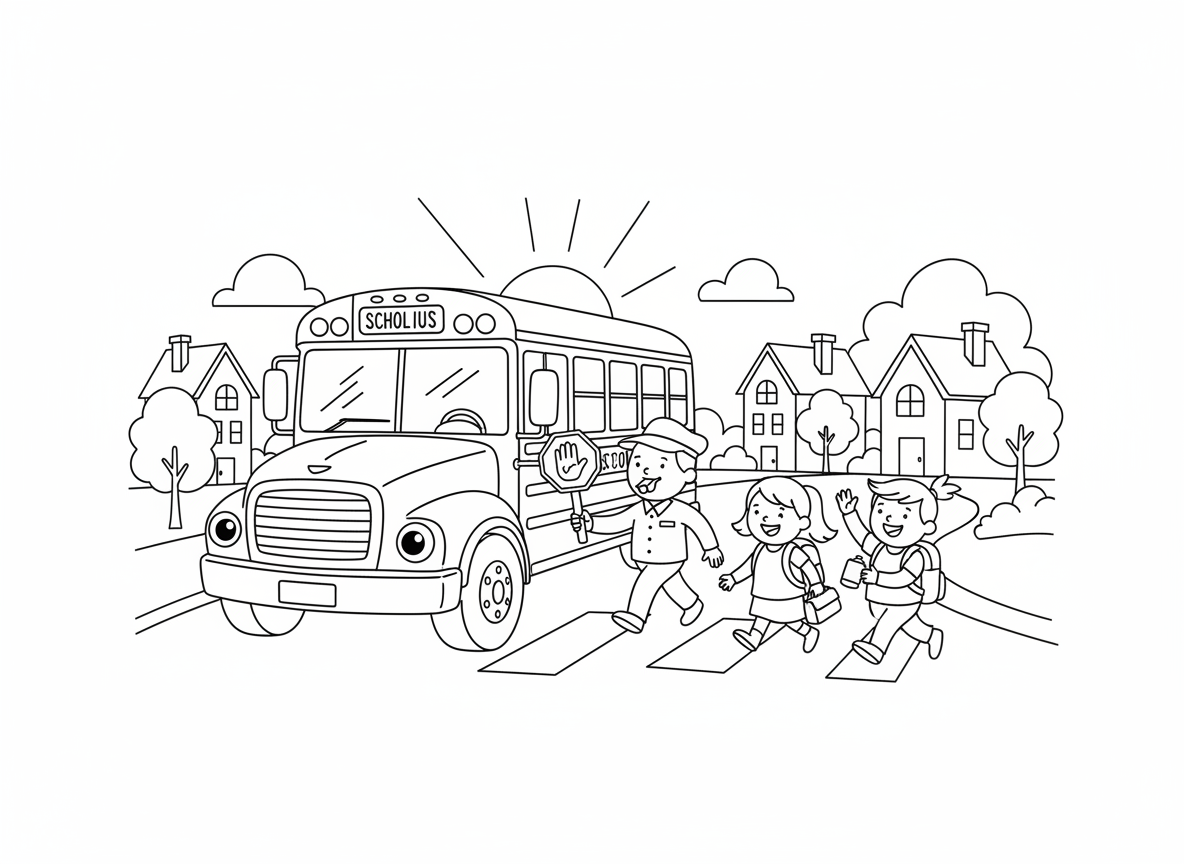 אוטובוס בית ספר אוסף ילדים - אוטובוס צהוב גדול עם פרצוף שמח עוצר לאסוף ילדים נרגשים, זרוע שלט עצור מורמת, תיקים וקופסאות אוכל, שוטר תנועה עוזר, בתים לאורך הרחוב, שמש בוקר