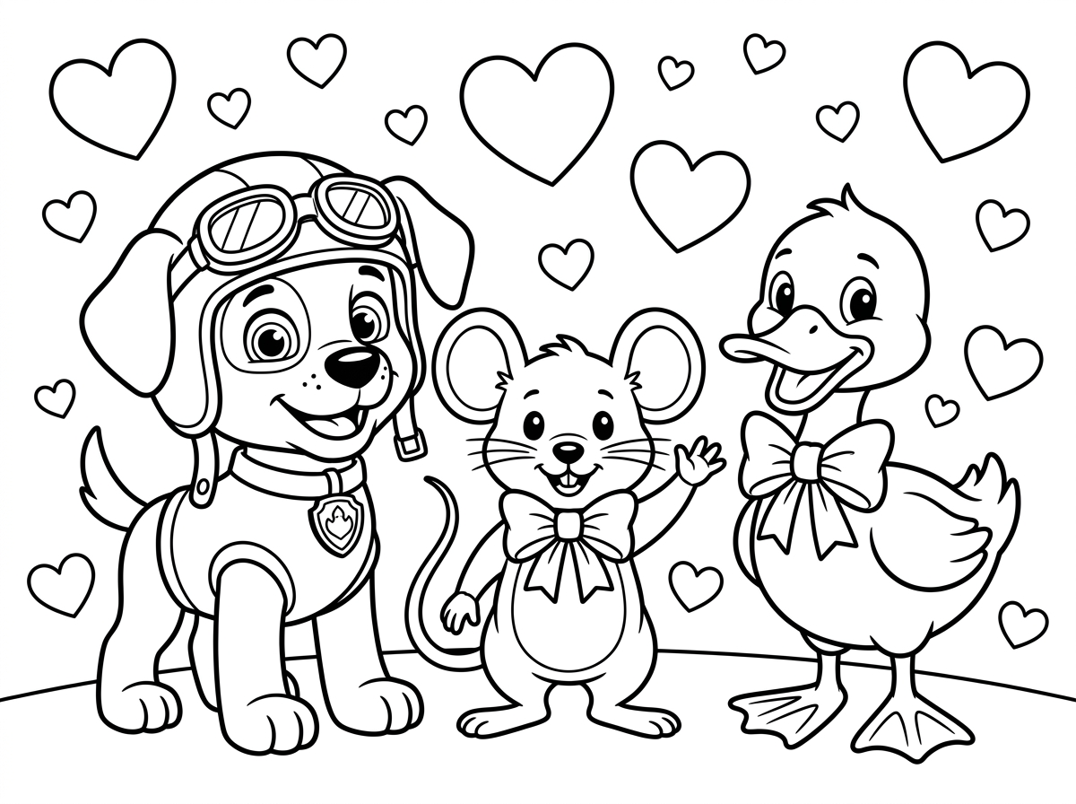 אני רוצה דף צביעה של סקי ממפרץ הרפתקאות עם לבבות וגם מיני מאוס ודייזי דאק ביחד