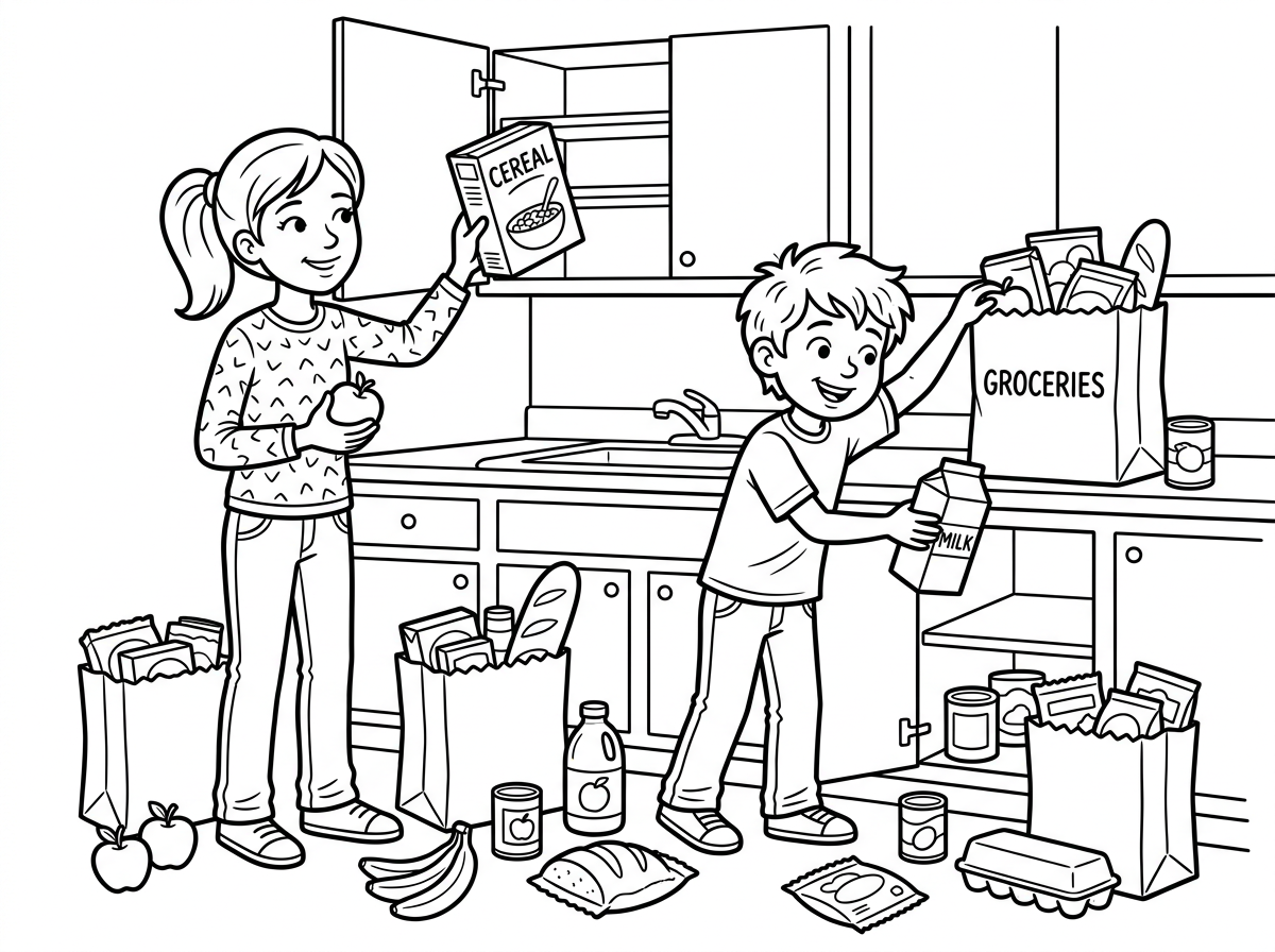 שלום אני רוצה דף צביעה של ילד בן 9 וילדה בת 13 מארגנים שקיות של קניות בארונות מטבח וכל המוצרים והשקיות מפוזרים סביבם