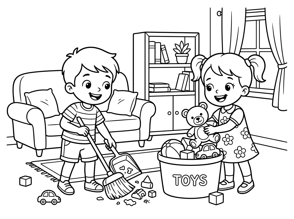 דף צביעה של ילדים מסדרים את הבית