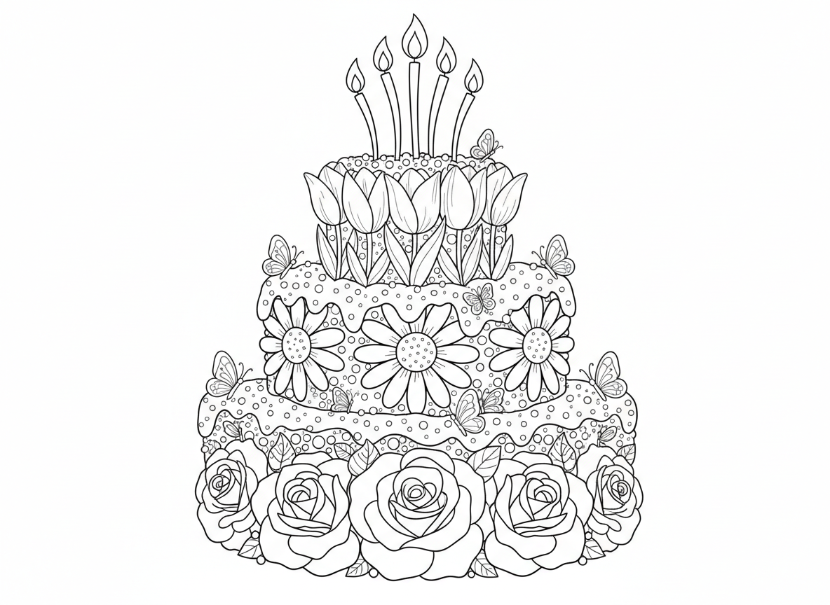 עוגת יום הולדת מפרחים - עוגת יום הולדת מפוארת עשויה כולה מפרחים אמיתיים, שכבות ורדים חינניות וצבעונים, נרות שהם פרחים גבוהים עם עלי כותרת בצורת להבה, ציפוי מאבקה, סוכריות פרפרים