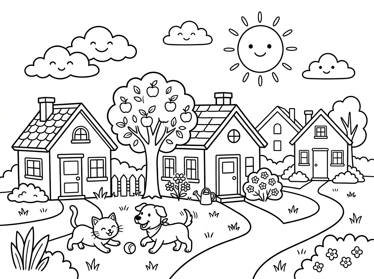 תיצור דף צביעה של בתי קרקע,ענניפ, שמש, דשא, קצת חיות בין הבתים, קצת עצי פרי ושיחים. שיהיה מותאם לגיל 6