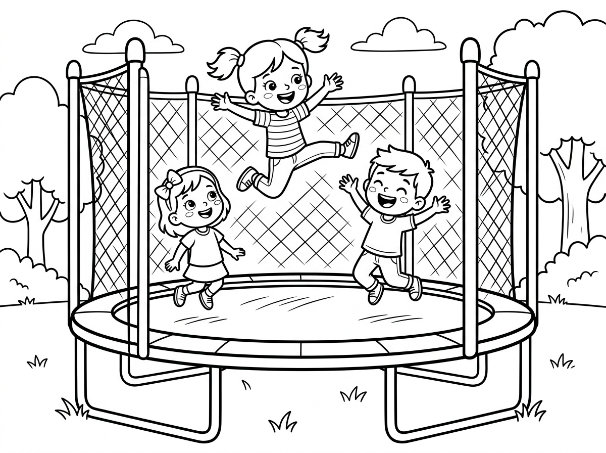 תיצור בבקשה דף צביעה עם ילדים משחקים בטרמפולינה
