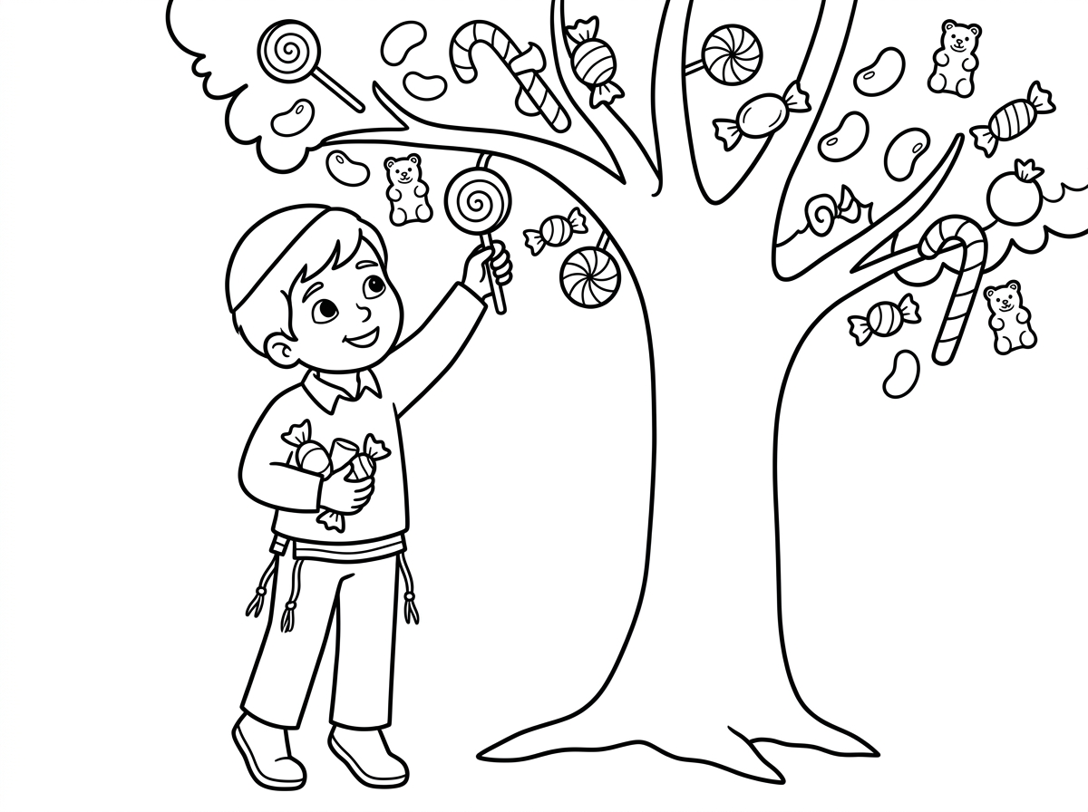 דף צביעה של ילד עם כיפה וציצית אוכל ממתקים שגדלים על העץ