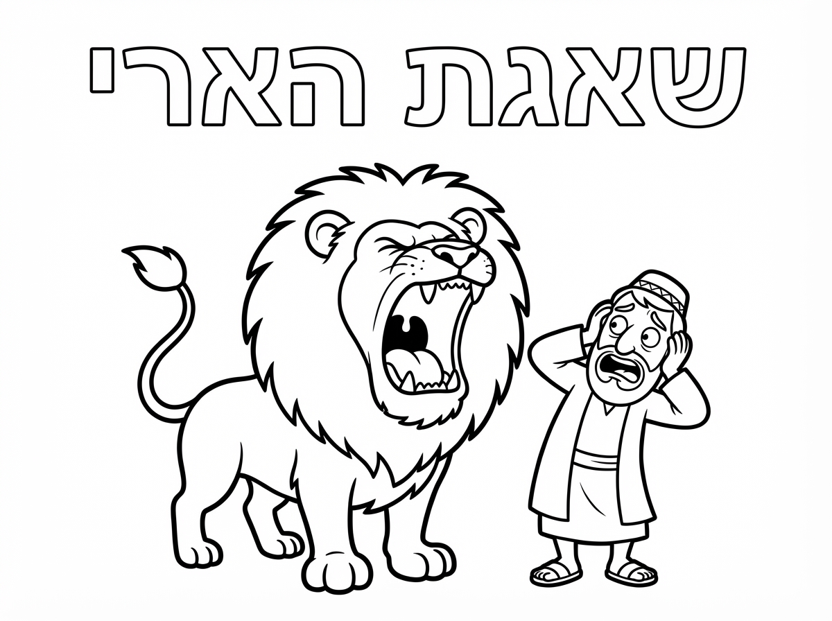 תכין לי דף צביעה של אריה שואג. נראה כעוס.
 לידו אדם איראני מפוחד. 
למעלה כתוב באותיות חלולות ''שאגת הארי''