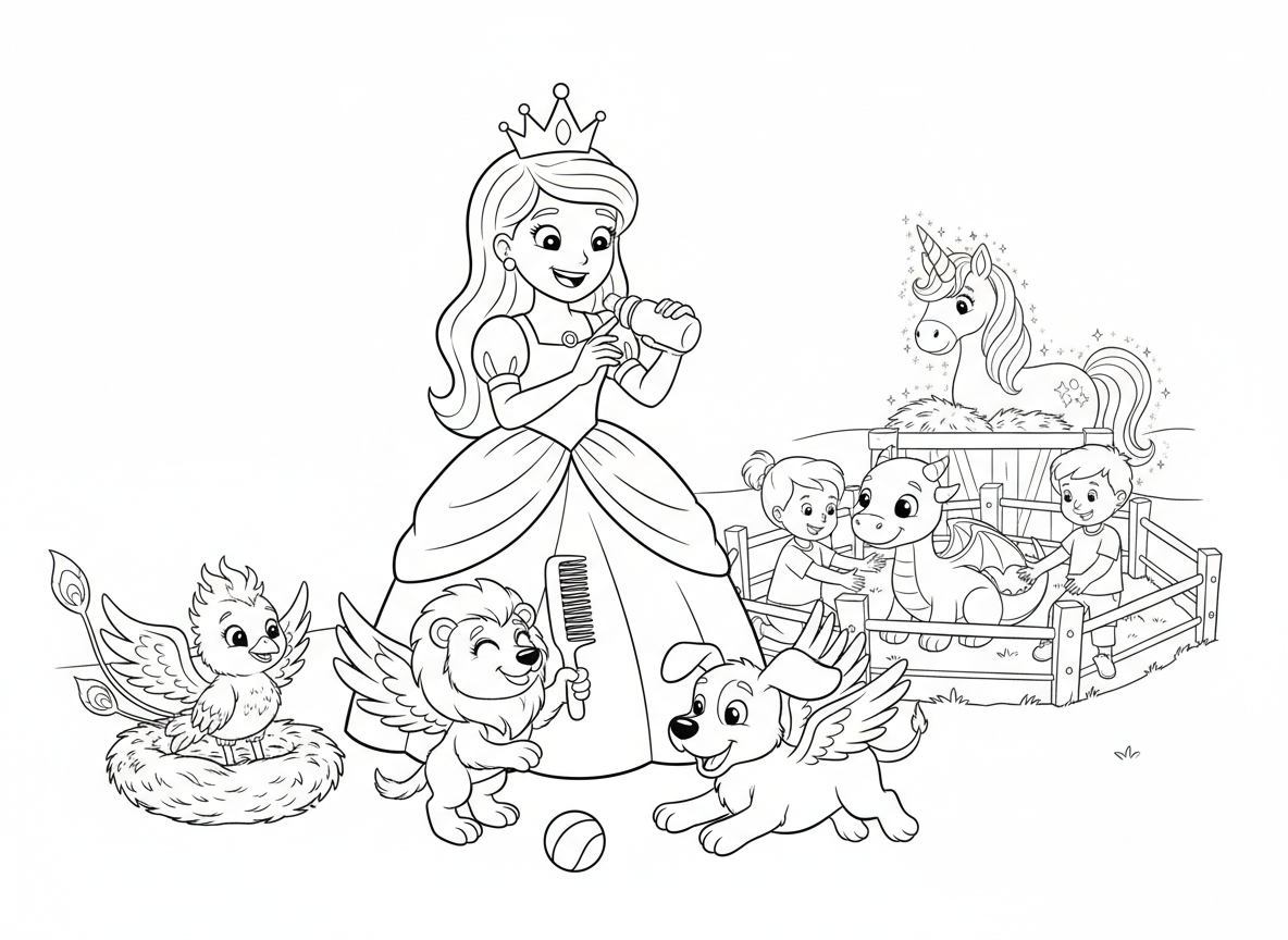 נסיכה שומרת גן חיות קסום - נסיכה מטפלת בגן חיות מלא יצורים קסומים, מאכילה עוף חול תינוק, מסרקת גריפון מיני, משחקת אפורט עם גור מכונף, דרקון תינוק בפינת ליטוף, חד קרן באורווה נוצצת