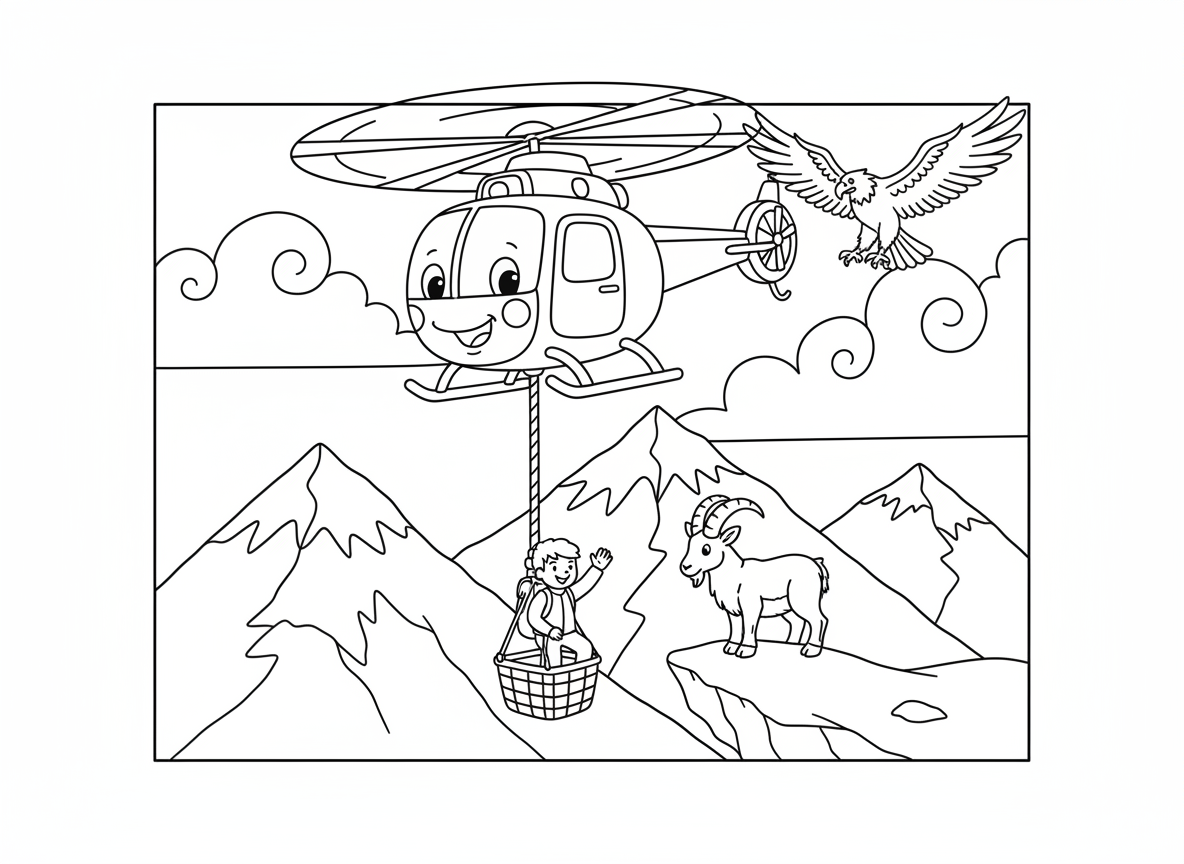 מסוק הצלה במשימה בהרים - מסוק הצלה מרחף מעל הרים מושלגים, מוריד חבל להציל מטייל תקוע, רוטורים מסתובבים, יעל צופה, נשר עף לצד, פסגות מושלגות, עננים דרמטיים