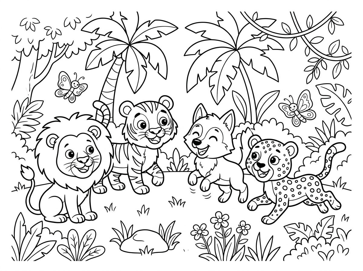 אשמח שתכין לנו דף צביעה שבו רואים אריה, זאב טיגריס וציטה משחקים יחד בג'ונגל. הפנים שלהם חביבות. יש פרפרים מרחפים מסביב