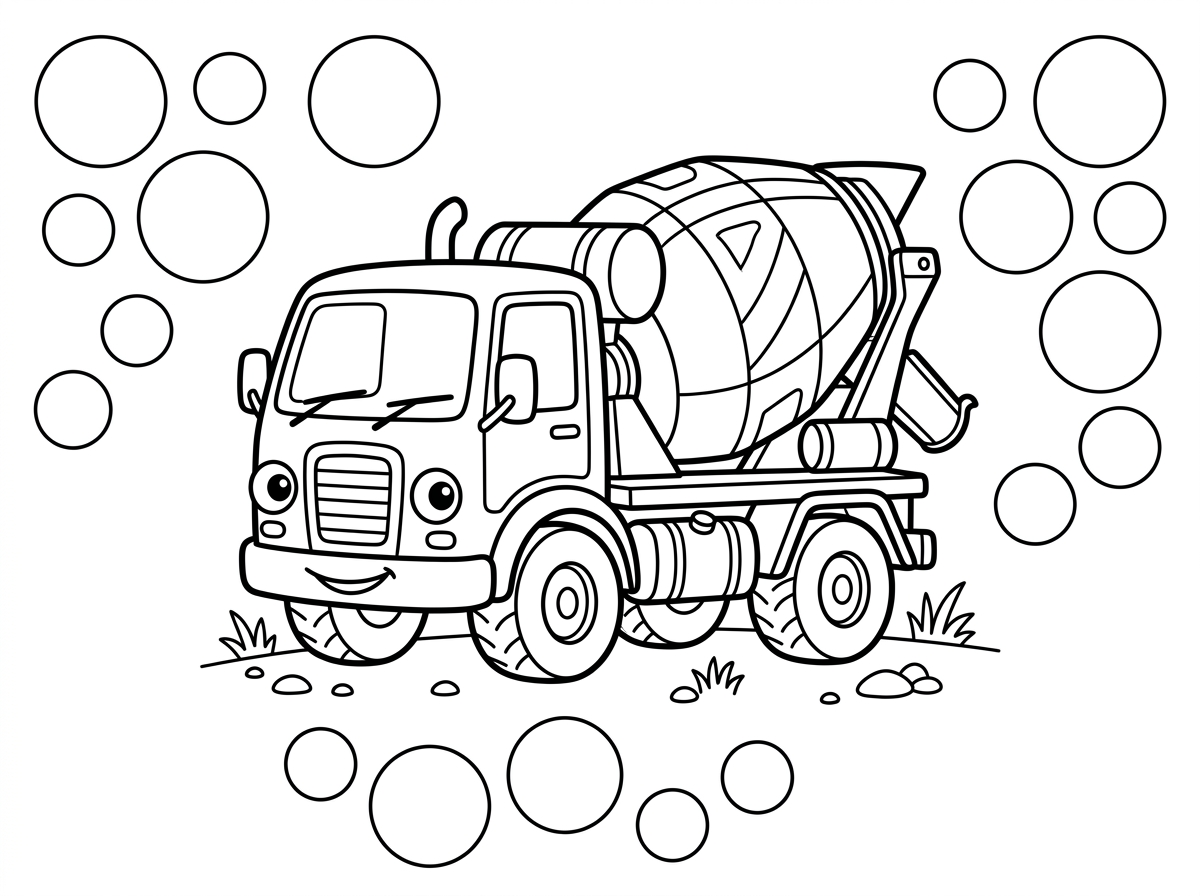 אני רוצה בבקשה שתיצור לי מערבל בטון באמצע ומסביב עיגןלים שיהיה מקום להשים מדבקות