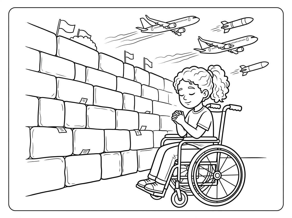 ילדה על כסא גלגלים מתפללת בכותל וטילים ומטוסים מעל בשמים