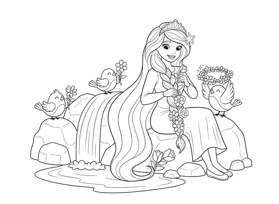 נסיכה עם שיער קשת קולעת פרחים - נסיכה עם שיער ארוך בצבעי הקשת קולעת פרחים לתוכו, כל חלק בצבע אחר, יושבת ליד מפל, ציפורים חברות עוזרות, כתר פרחים מורכב, סיכות שיער נוצצות