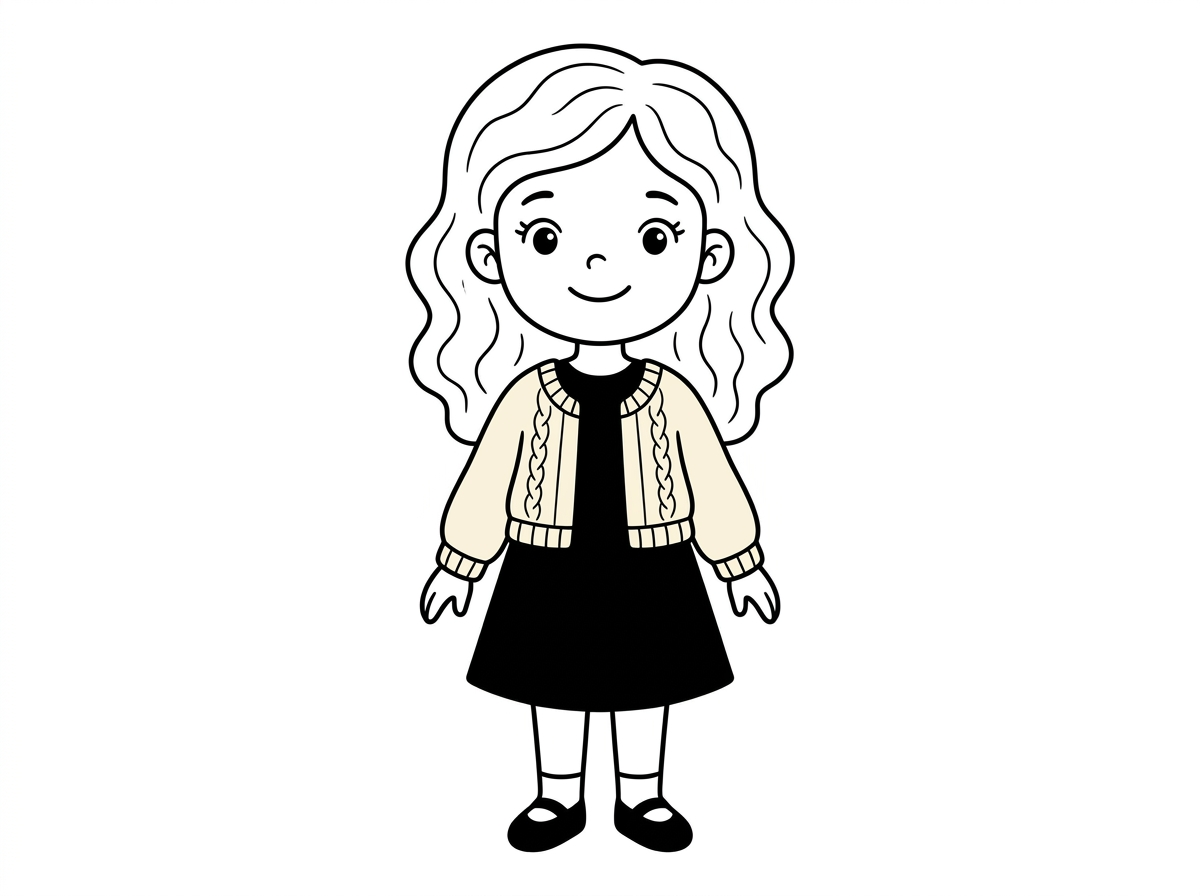 ילדה עם גלים בשיער ושמלה שחורה וסוודרקרם