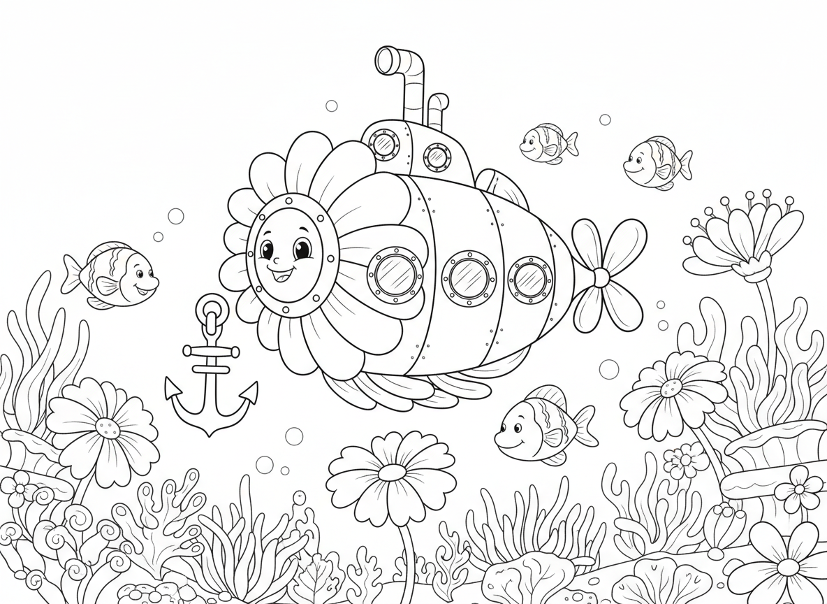 צוללת פרח חוקרת שונית אלמוגים - צוללת בצורת פרח חוקרת גן שונית אלמוגים, חלונות צוהר מעלי כותרת, מדחף מפרח מסתובב, פרחי ים בכל מקום, דגים שוחים בין, עוגן משורש