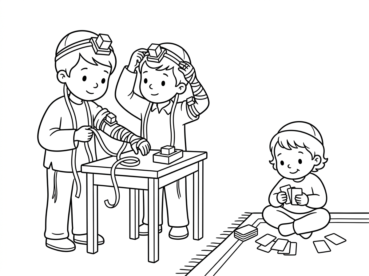 צייר לי בבקשה 2 ילדים מניחים תפילין.
ולידם יושב ילד קטן משחק בקלפים