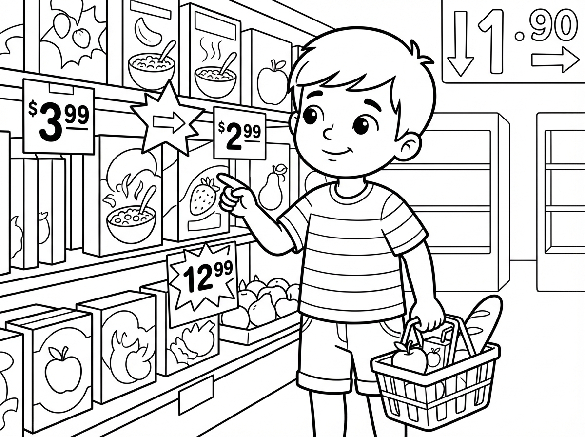 צור דף צביעה של ילד שקונה במכולת ויש מבצעים והוא מסתכל על המחירים וקונה בתבונה