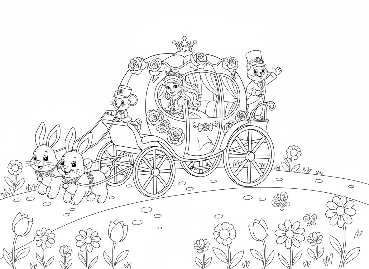 נסיכה נוהגת בכרכרה מלכותית שמושכים ארנבים - נסיכה בכרכרה מלכותית בצורת דלעת שמושכים ארבעה ארנבים פרוותיים עם רתמות זעירות, כרכרה מקושטת בוורדים, חתול משרת, עכבר עגלון, שביל פרחי בר