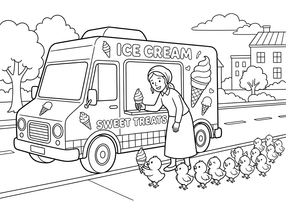 צור לי אוטו גלידה על הכביש עם אישה חרדית וצנועה שבמדרכה יהיה שורה של אפרוחים קטנים וחמודים מחכים בתור לקנות גלידה 
והאישה נותנת לראשון בתור גלידה והשאר מחכים בתור