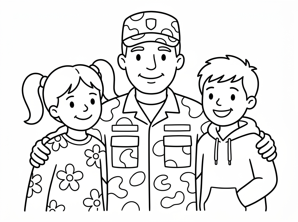 נשמח שתהפוך לנו את התמונה לציור. יש שם אבא חייל שהלך למלחמה וילדים חמודים שהתגעגעו