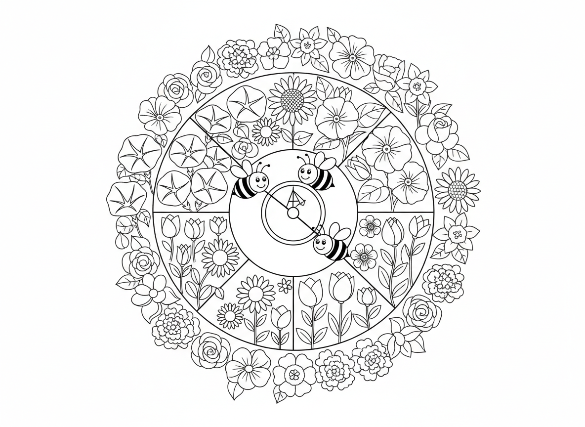 גן שעון פרחים - שעון גינה ענק שפרחים שונים פורחים בשעות שונות, תפארת הבוקר נפתחת בזריחה, פרח ירח בלילה, שעון שמש במרכז, דבורים כמחוגים, טבעת פרחי עונה סביב השוליים