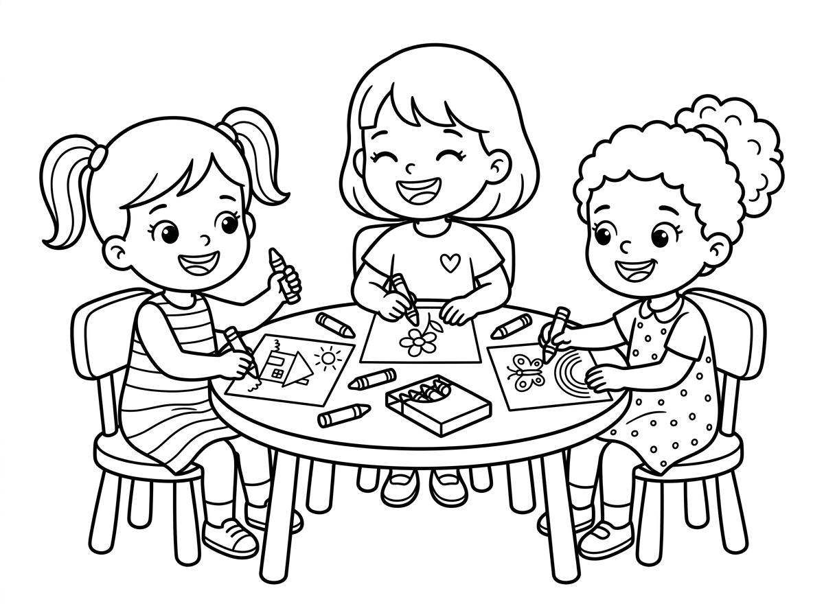 תכין בבקשה דף ציור של 3 ילדות חמודות יושבות ומציירות יחד