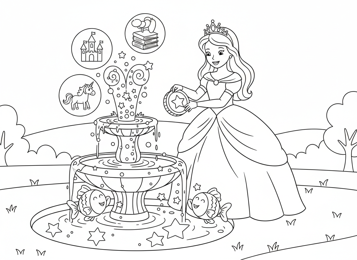 נסיכה ומזרקת המשאלות - נסיכה זורקת מטבע למזרקה קסומה שמגשימה משאלות, מי המזרקה עולים בספירלות נוצצות, בועות משאלות מרחפות עם תמונות בפנים, דגי זהב מעודדים, כוכבים משתקפים במים