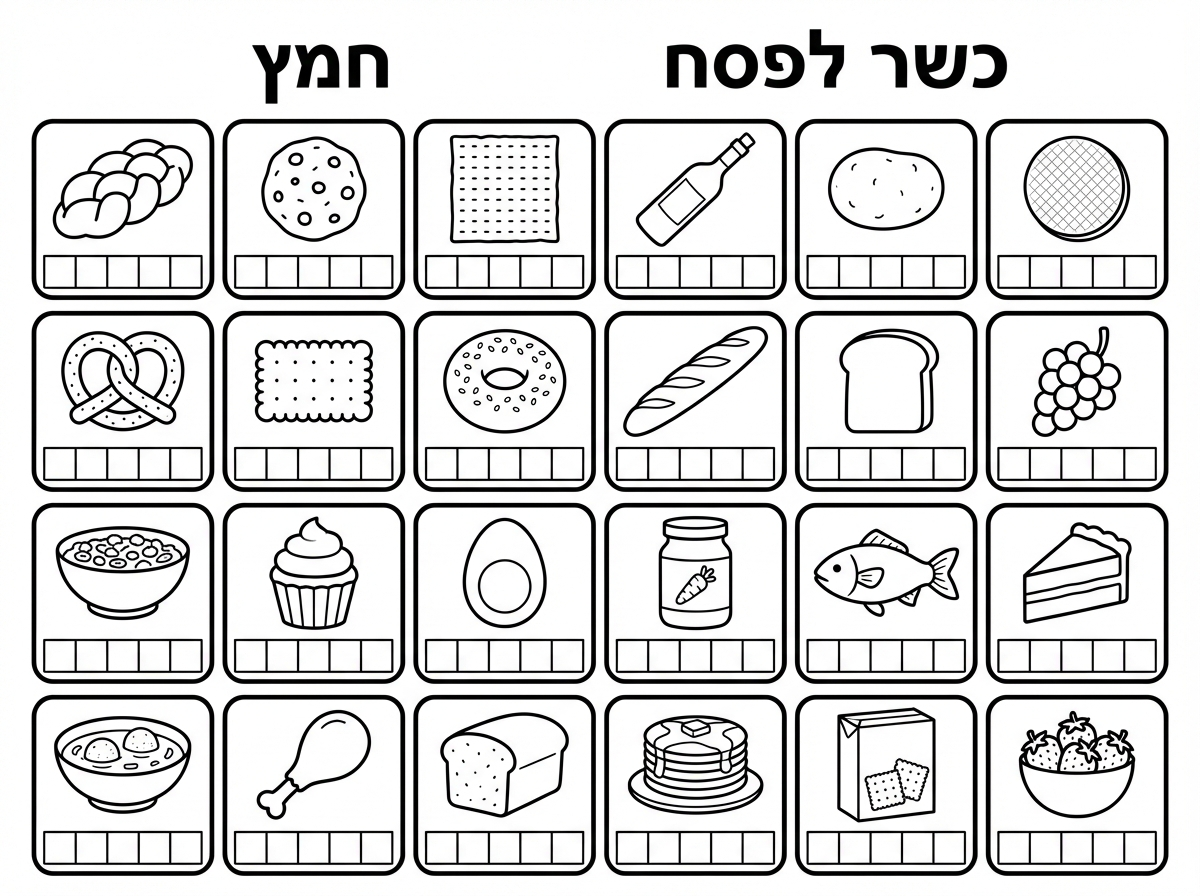 "בבקשה, תכין דף שבו יש כמו שתי וערב, מחולק לרשת עם... בערך סך הכל יוצא 20-24 מלבנים. ואז בכל מלבן תשים ציור של חלה, של עוגיה, של מצה, של יין, של תפוח אדמה, של וופלה, של ביסלי, של... של ביסקוויט, של בייגלה, של בגאט, של לחם, ככה כל דברים שהם כשרים ושלא כשרים. עם מקום מתחת לכל ציור, באותו מלבן, לכתוב 'חמץ' או 'כשר לפסח'. זאת אומרת, מקום לשש אותיות. "