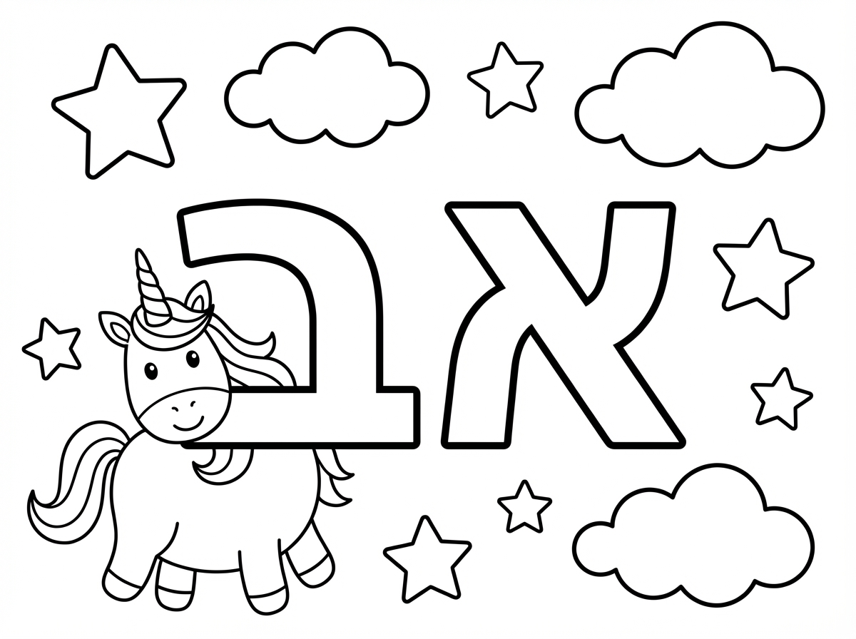 צור לי דף של אותיות א ,ב בעברית ואיורים מסביב של חד קרן