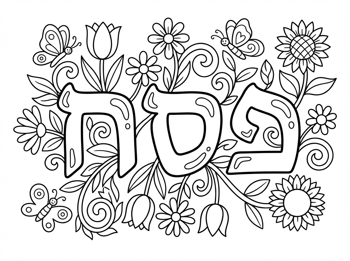 אשמח לדף צביעה שכתוב בו פסח ומסביב פרחים ופרפרים