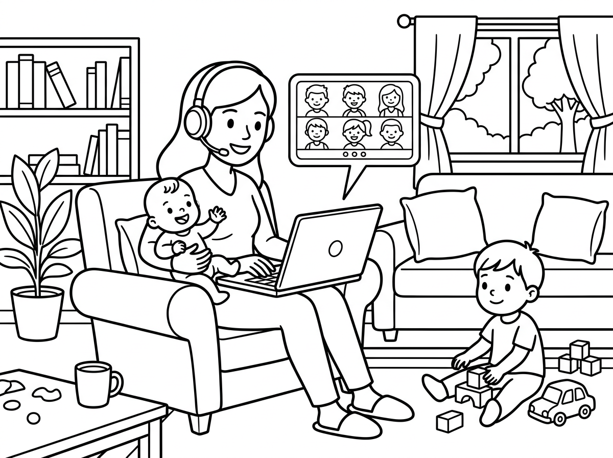 "תכיני לי בבקשה דף צביעה של אישה שיושבת בסלון, מטפלת בילדים שלה, ובמקביל עושה זום ומתקשרת לתלמידים שלה"