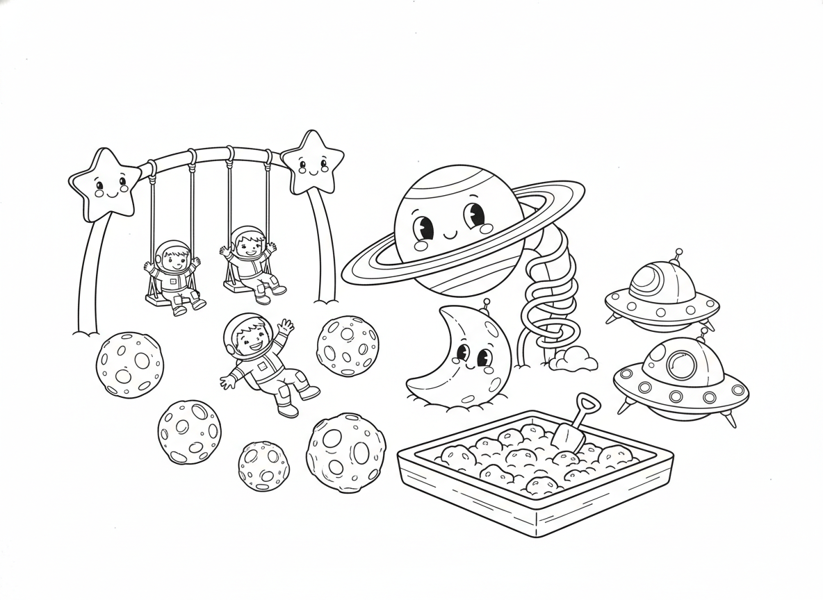 גן שעשועים בחלל
מגלשה מטבעת שבתאי, נדנדות בין כוכבים, קפיצה על אסטרואידים, וחלליות חונות ליד ארגז חול ירחי.