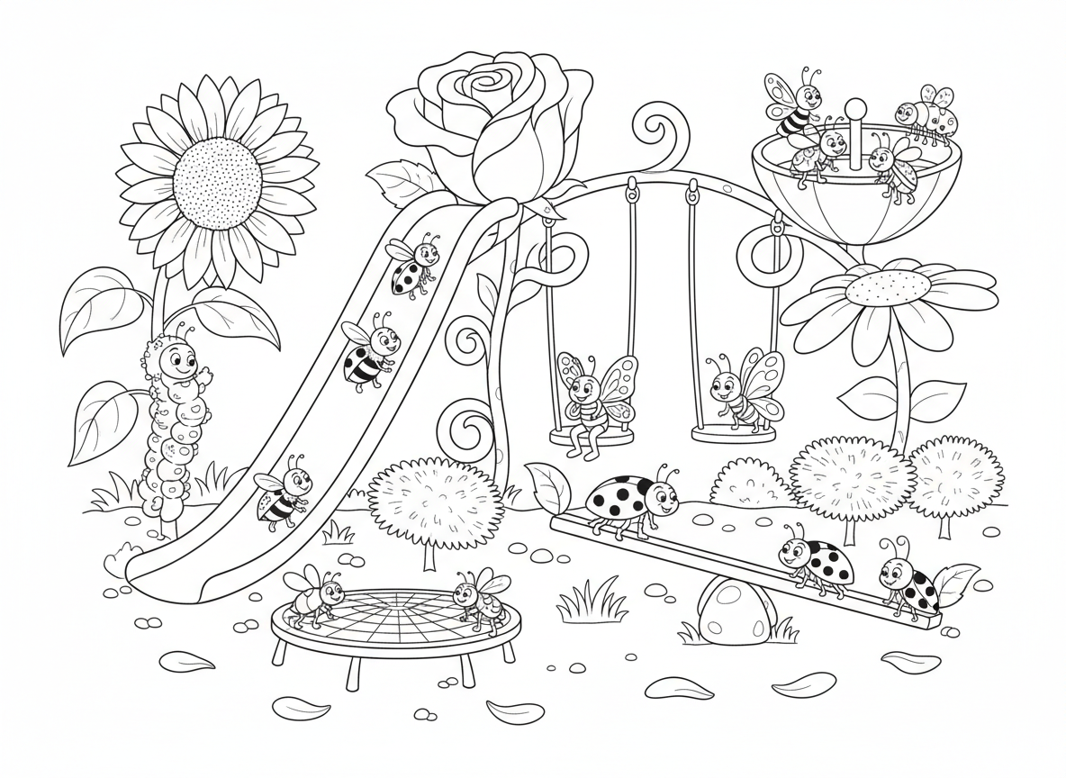 גן משחקים מפרחים לחרקים - גן משחקים עשוי פרחים שחרקים משחקים בו, מגלשות עלי כותרת, נדנדות גבעולים, קרוסלת כוס פרח, טרמפולינות שן הארי, קיר טיפוס זחל על חמנייה, חיפושית על נדנדה