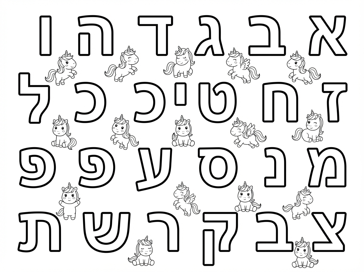 איורים קטנים של חד קרן בין האותיות