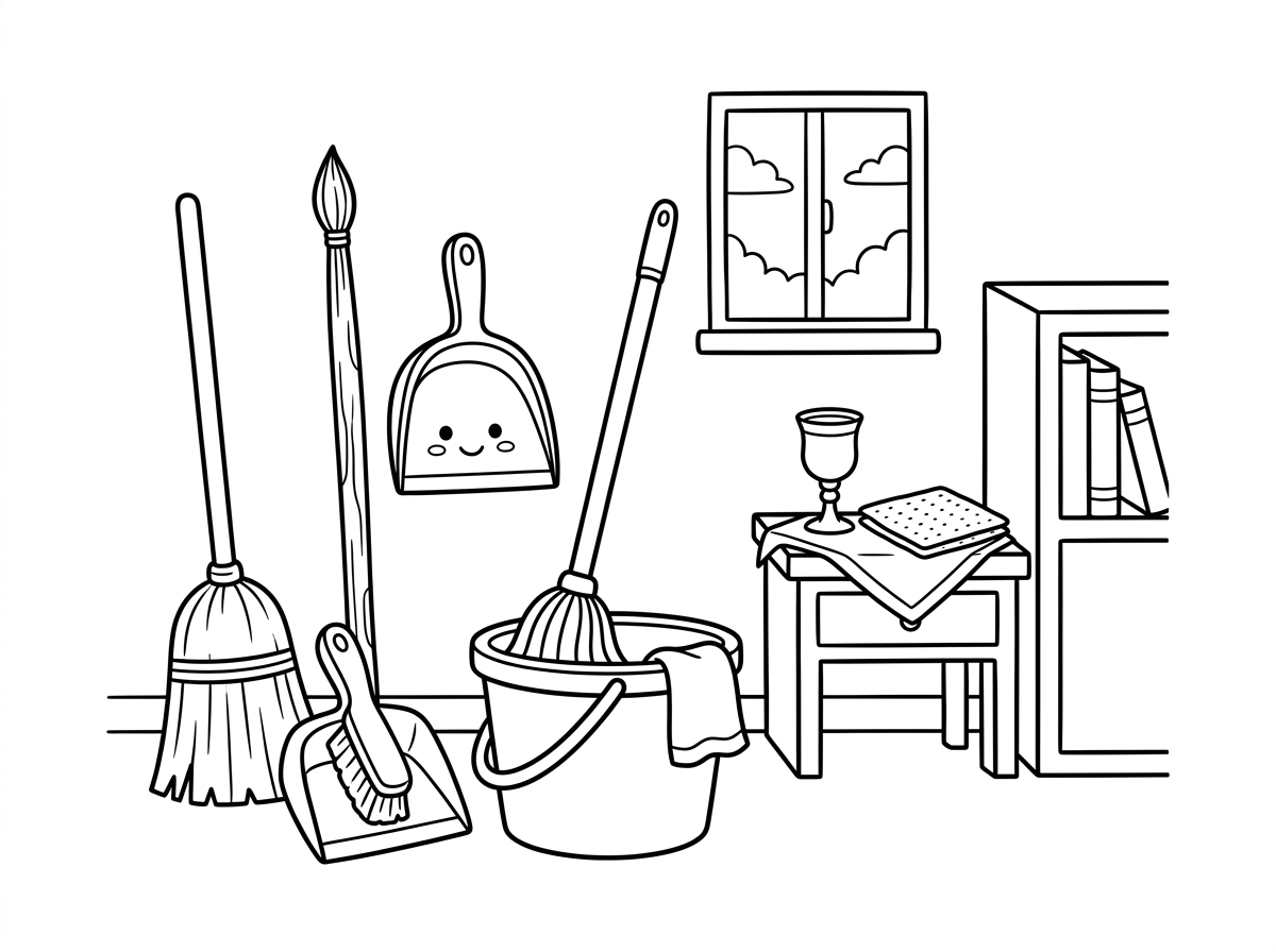 דף צביעה החדר שלי נקי לפסח עם ציור של מטאטא וכף אשפה ודלי שטיפה