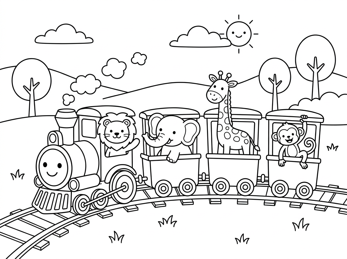הכן דף צביעה של רכבת עם קרונות ובתוכן בעלי חיים