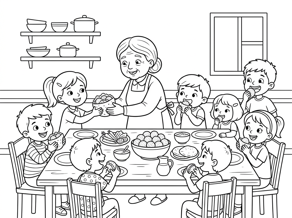 תכיני דף צביעה של מלא נכדים, בנים ובנות אצל סבתא שלהם, אוכלים פלאפל שסבתא הכינה.