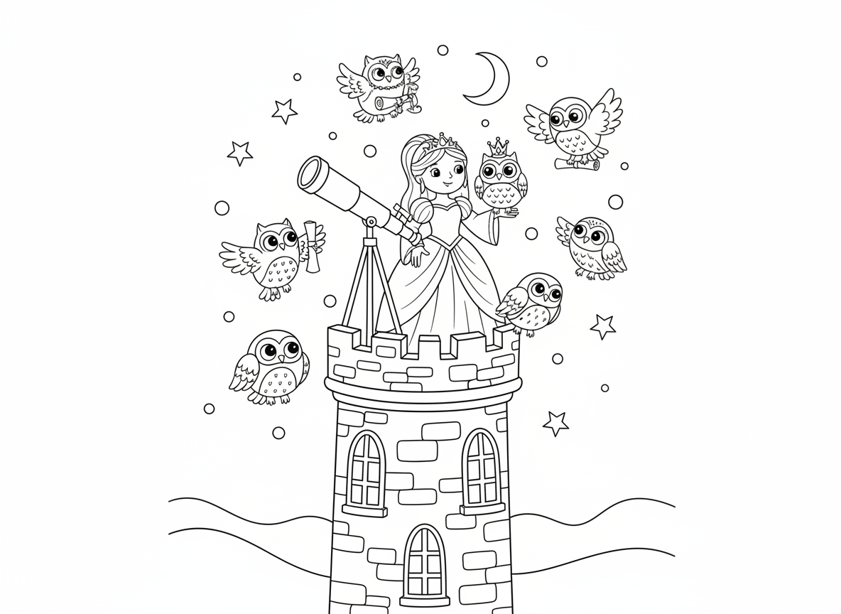 נסיכה שומרת ינשופים במגדל הקסם - נסיכה בראש מגדל גבוה מוקפת בינשופים קסומים בכל הצבעים, ינשופים מביאים מגילות הודעות, ינשוף אחד עם כתר זעיר, טלסקופ מכוון לכוכבים, שמי אור ירח
