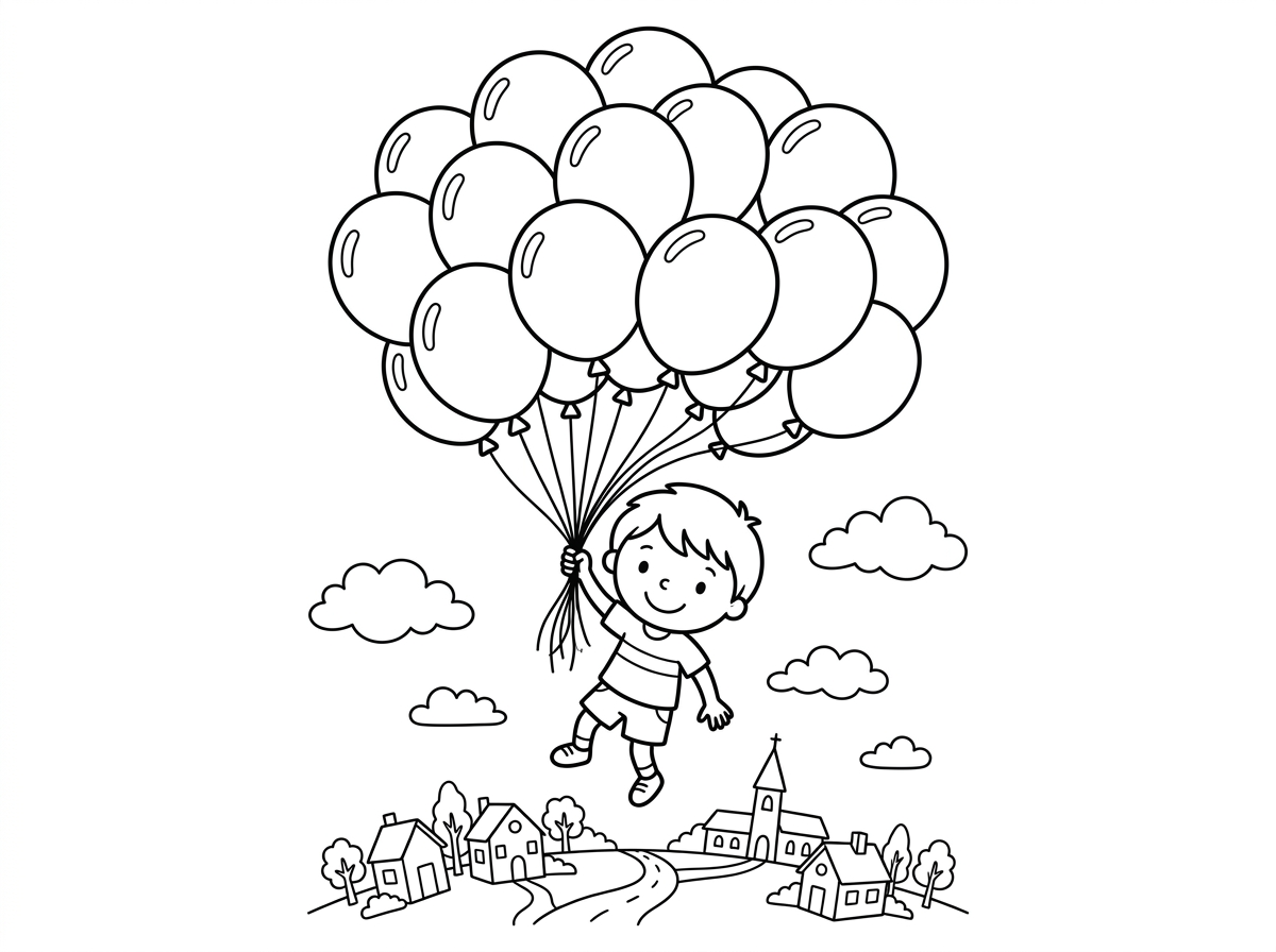 אני רוצה דף צביעה של ילד עם בלונים והוא מעופף