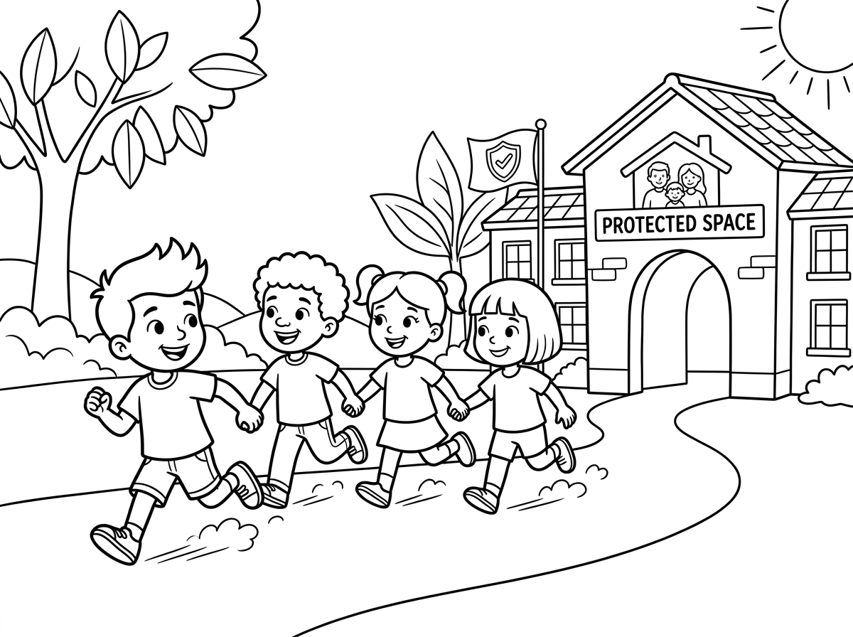 צור לי דף צביעה של ילדים שרצים למרחב המוגן בזמן אזעקה של ירי טילים