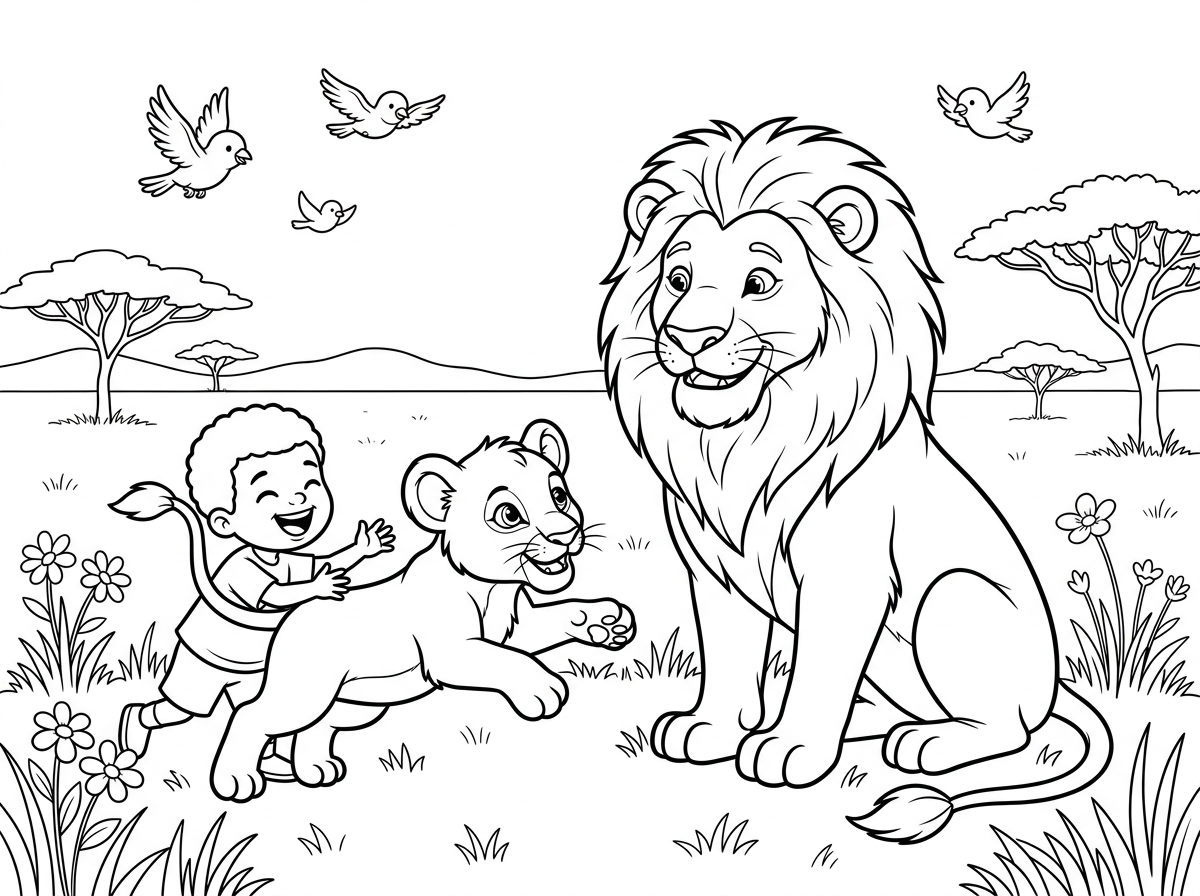 תייצר לי דף צביעה של סימבה ומופסה משחקים עם ילד קטן