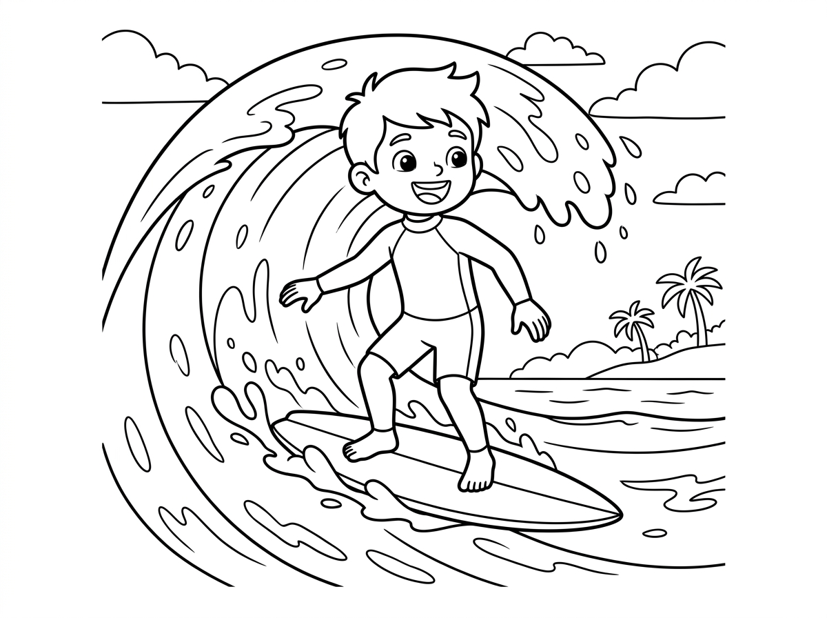 היי תכין לי דף צביעה של ילד גולש בים