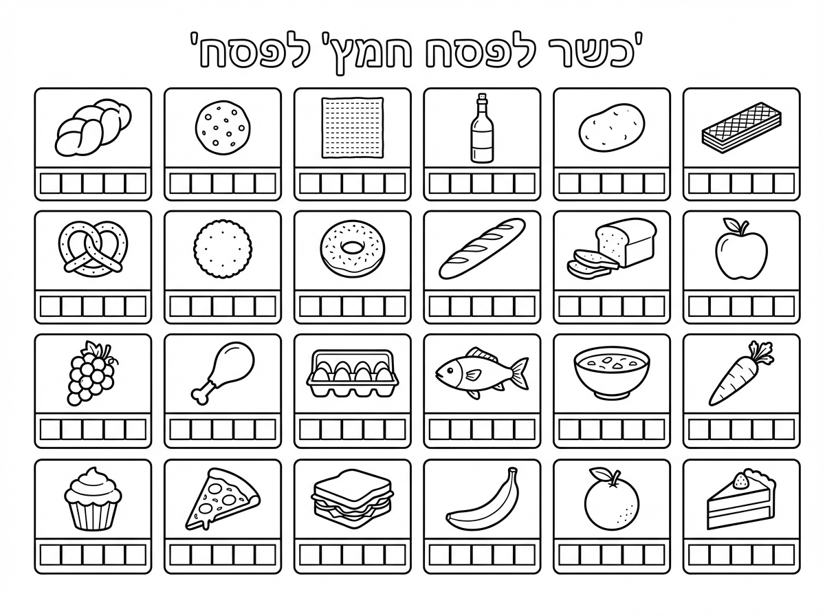 "היי, אני מבקשת דף שבו יש כמו שתי וערב, מחולק לרשת של... בערך סך הכל יוצא 20, 24 מלבנים, ואז בכל מלבן תשימי ציור של חלה, של עוגייה, של מצה, של יין, של תפוח אדמה, של... של וופלה, של ביסלי, של... של ביסקוויט, של בייגלה, של... בגט, של לחם. ככה כל מיני דברים שהם כשרים ושלא כשרים, עם מקום מתחת לכל ציור, באותו מלבן, לכתוב: חמץ או כשר לפסח. זאת אומרת, מקום ל-6 אותיות."