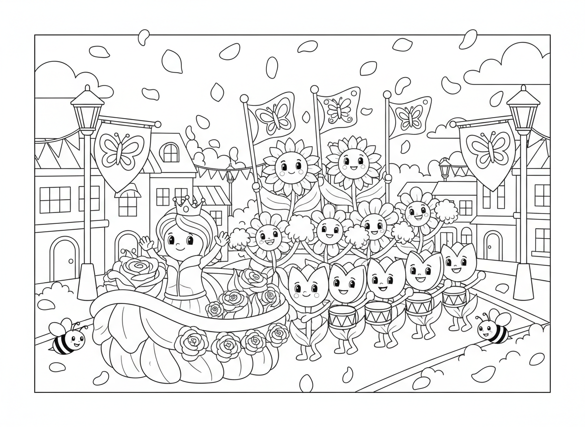 מצעד פרחי אביב - מצעד שמח של פרחים צועדים דרך עיירה, מלכת ורדים על רכב מצעד, תזמורת צעידה של צבעונים, מעודדות חינניות, נושאי דגל חמניות, קונפטי עלי כותרת, צופי דבורים, דגלי פרפרים