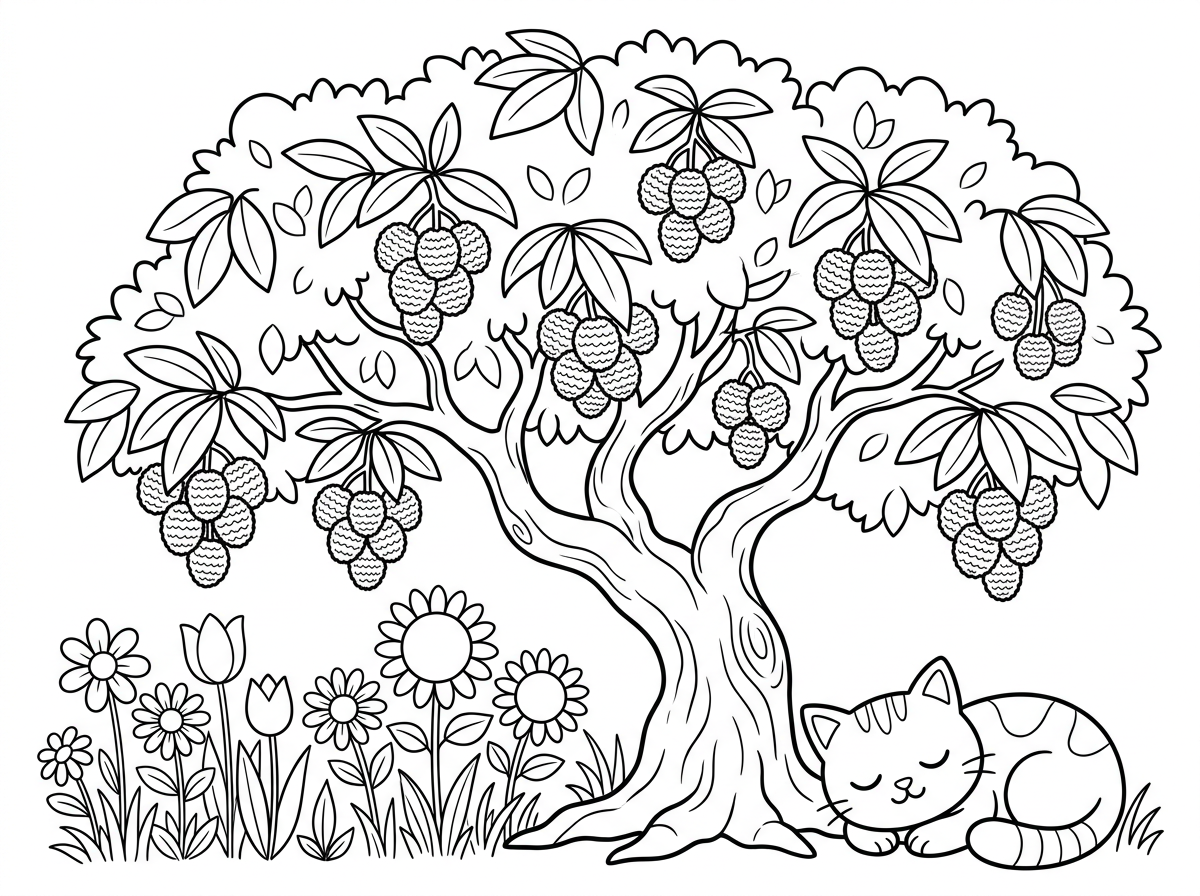 במרכז ציור של עץ ליצ'י ולידו פרחי גינה וחתול נחמד