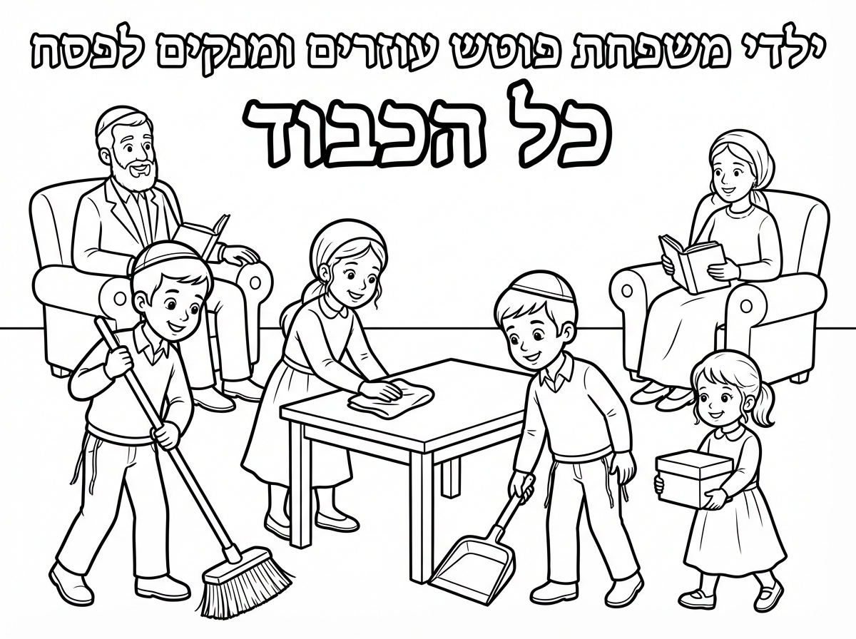 אז ככה
אני רוצה תמונה של 4 ילדים חרדים הגדול בן 12 והקטן בן 6 מנקים לפסח ואבא ואמא יושבים על כיסאות ונהנים
מעל התמונה טקסט
'ילדי משפחת פוטש עוזרים ומנקים לפסח'
'' כל הכבוד ''