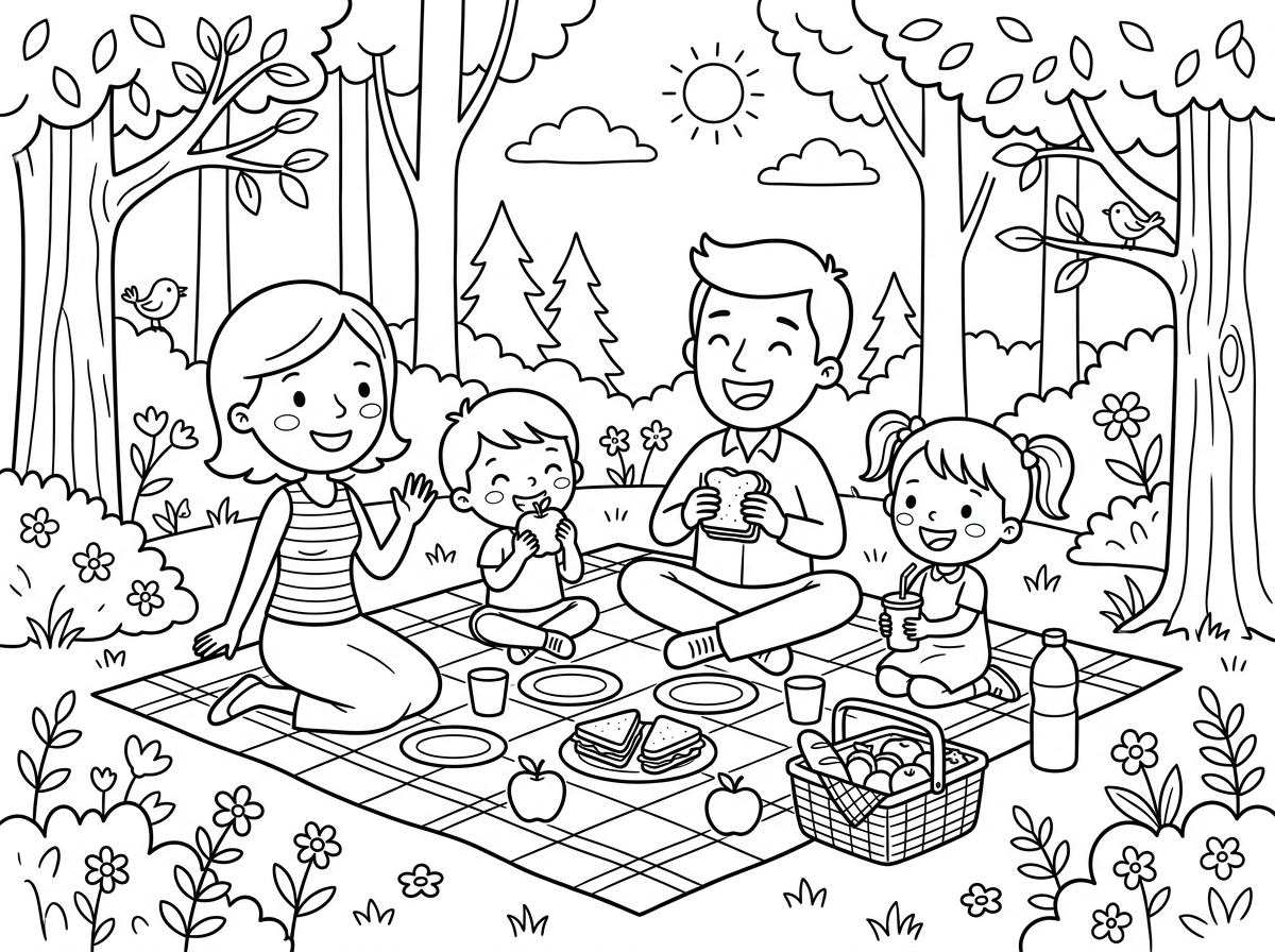 תכין לי צביעה של משפחה עושה פיקניק ביער