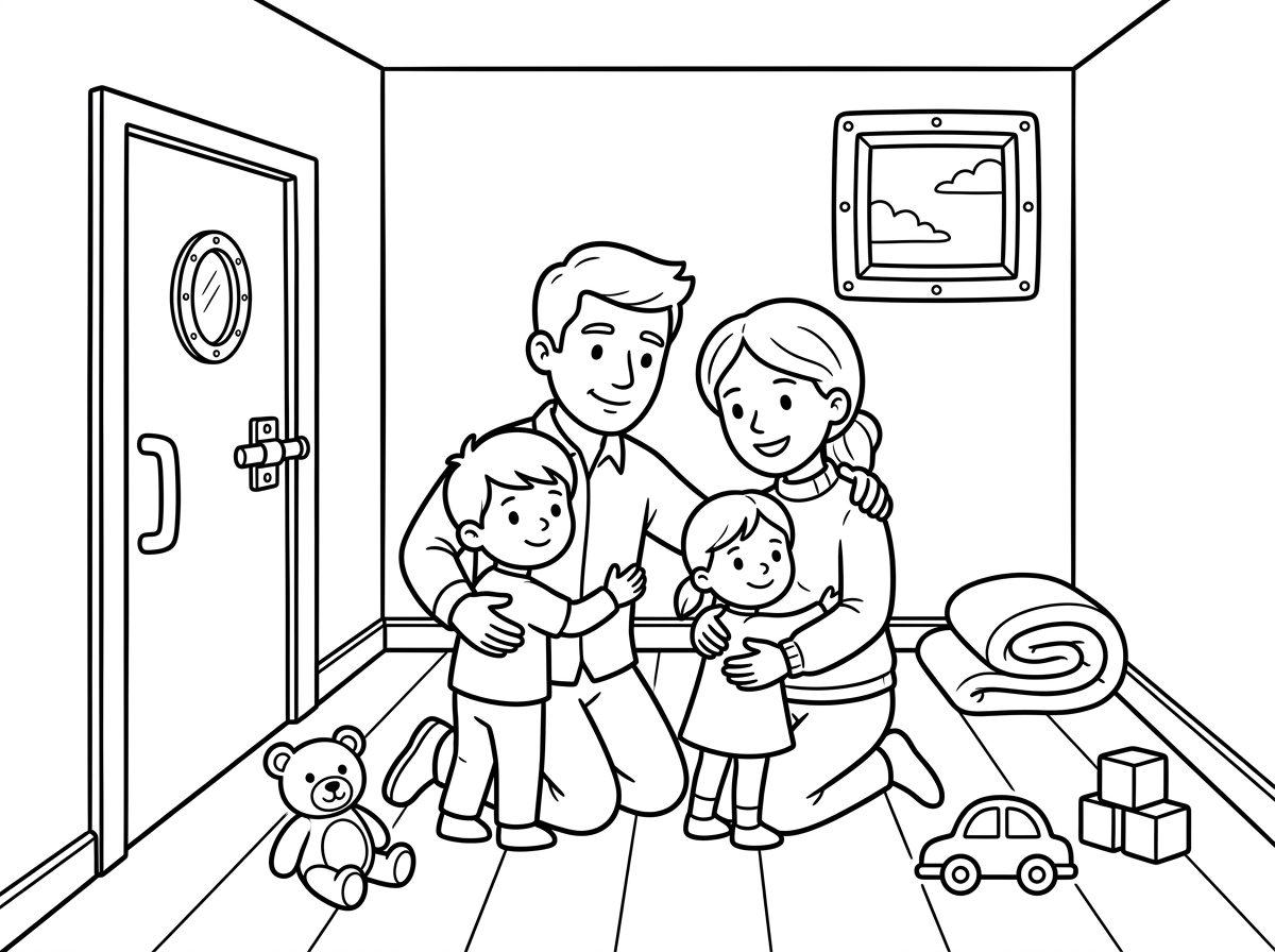 אשמח לדף צביעה שהמשפחה במרחב מוגן וההורים מחבקים ומרגיעים את הילדים