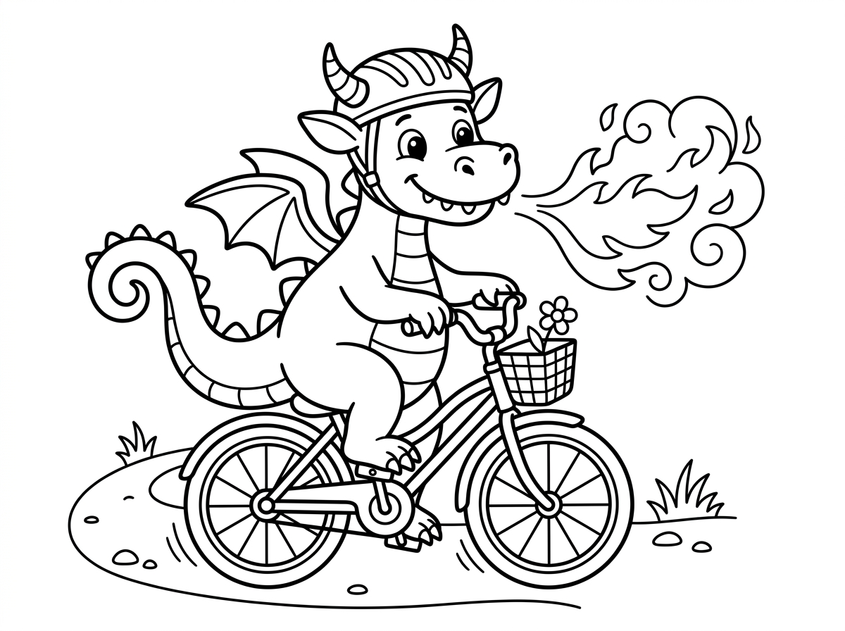 דף צביעה של דרקון יורק אש רוכב על אופניים