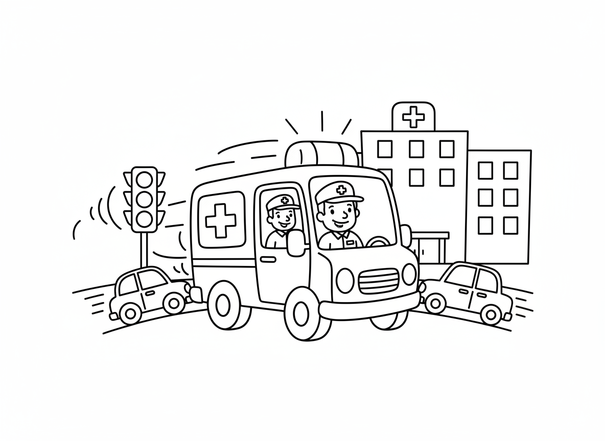 אמבולנס דוהר לבית חולים - אמבולנס עם אורות מהבהבים דוהר בעיר, חובש נראה בפנים, מכוניות אחרות זזות מהדרך, בית חולים ברקע, רמזורים הופכים ירוק, גלי קול סירנה