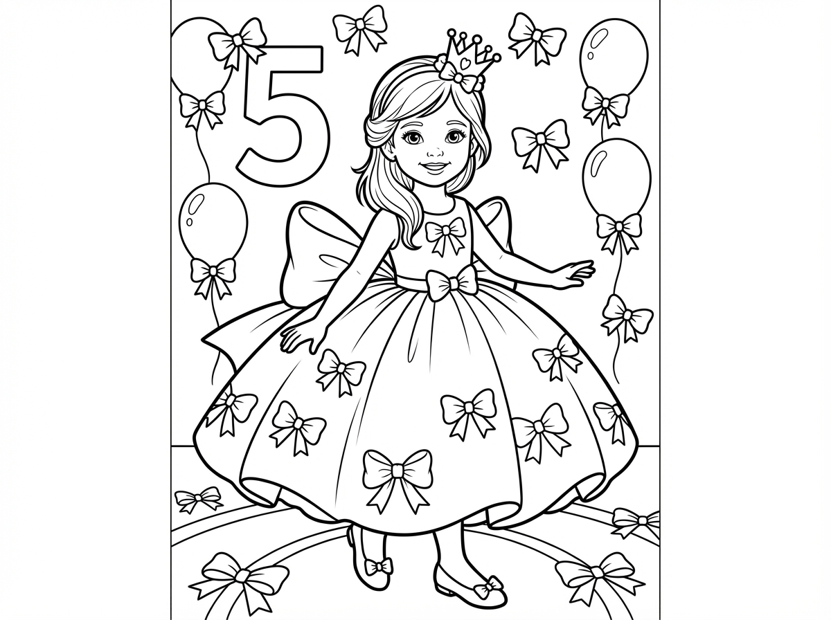 עכשיו אני רוצה לעשות לילדה שעושה 5 אותו רקע פשוט ב-5 והילדה עם שמלה חלקה ומנופחת מאוד נעלי שבת תכשיטים פנים עדינות ותסרוקת חגיגית עם פזור ואביזר תעשה לי עם קווים כדי שאוכל לצבוע שהשמלה תהיה עם פפיון גדול מאחורה ושהכל יהיה בעיצוב פפיונים והאביזר כתר קטן וחגיגי בשיער